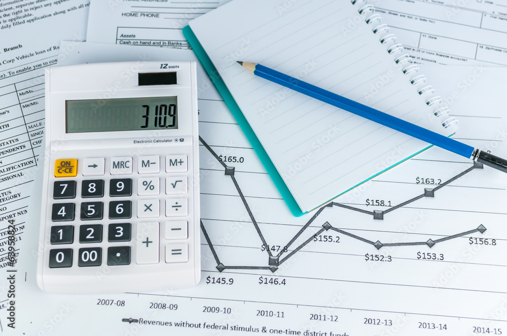 Calculator with documents, notebook & pencil. Calculator with documents, notebook & pencil.