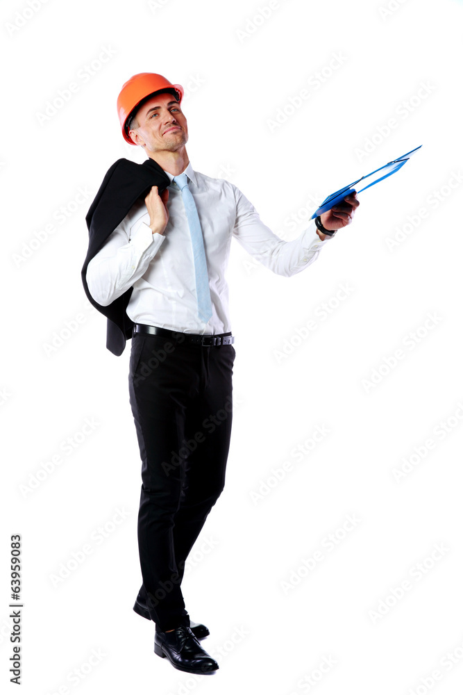 Portrait of a businessman in helmet giving folder Portrait of a businessman in helmet giving folder
