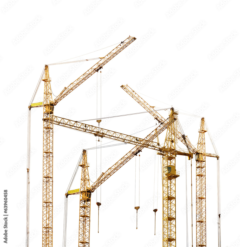 group of four yellow hoisting cranes isolate on white