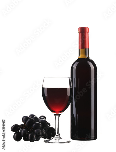 Red wine bottle and glass.