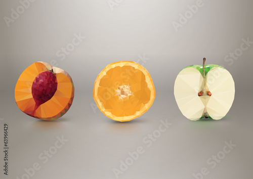 Fruit slices: peach, orange, apple. Low-poly triangular style