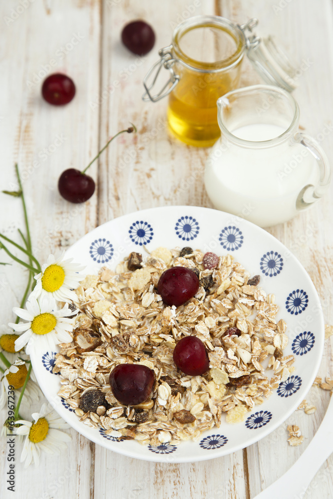 Granola with fresh cherries Granola with fresh cherries
