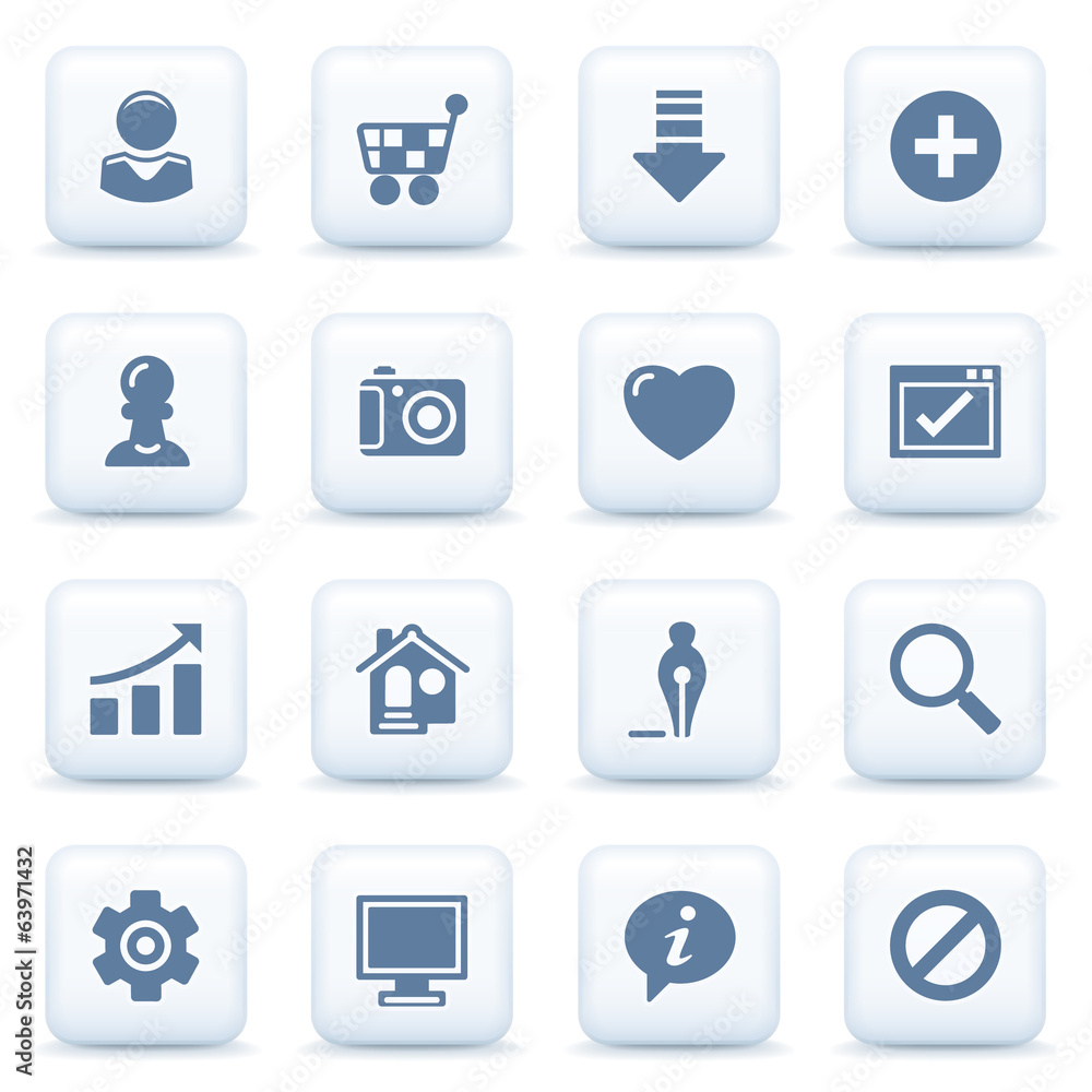 Basic blue icons on white buttons. Basic blue icons on white buttons.
