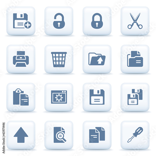 Document blue icons on white buttons.