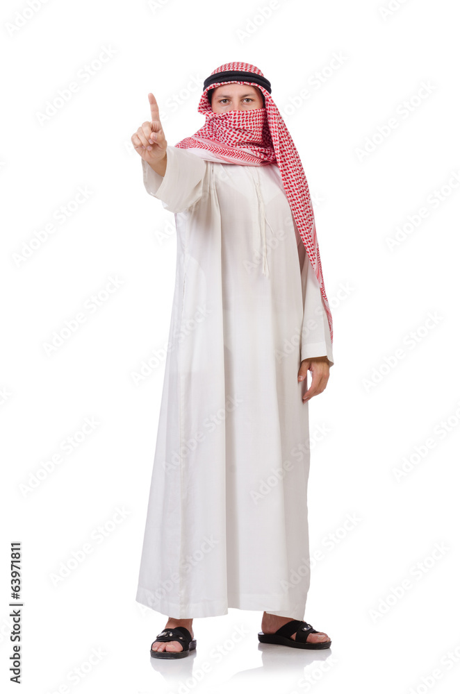 Bedouin  pressing virtual buttons isolated on whiteisolated on w