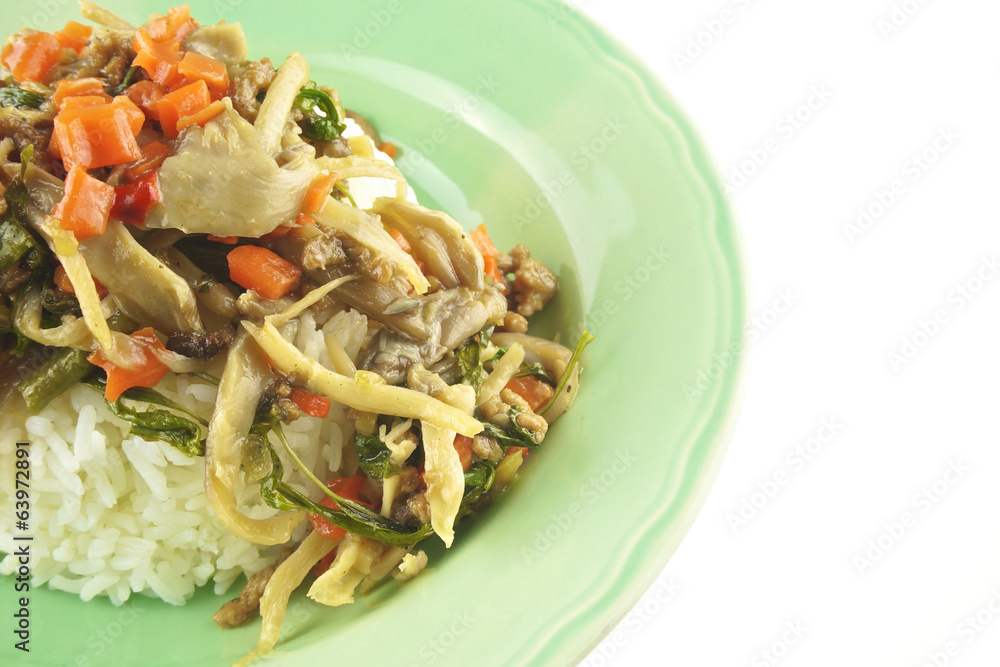 Oyster mushroom fried on rice vegetarian isolated Oyster mushroom fried on rice vegetarian isolated