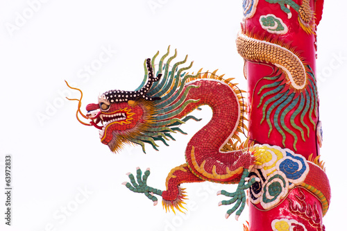Chinese Dragon Wrapped around red pole on isolate background