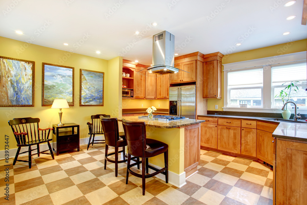 KItchen interior. Yellow walls and pleated floor KItchen interior. Yellow walls and pleated floor