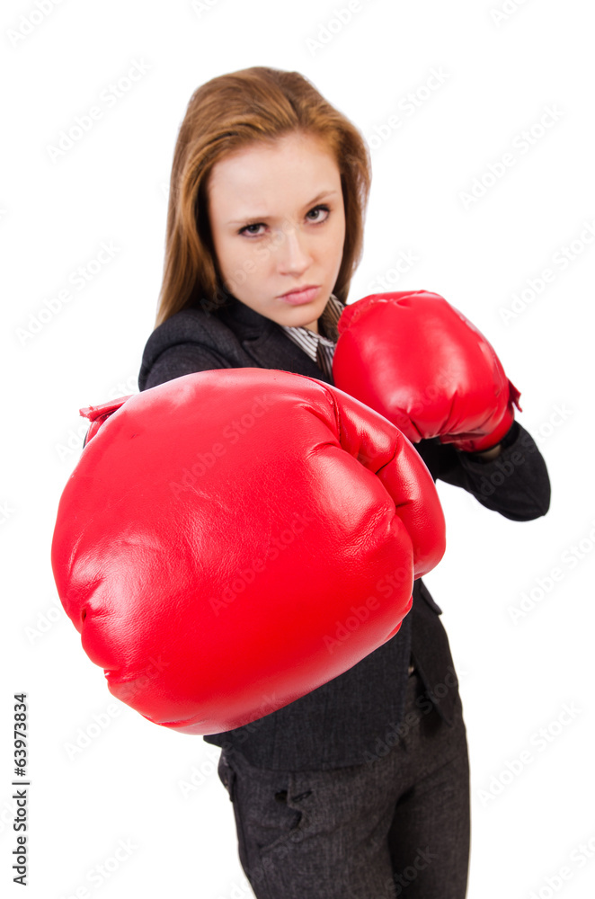 Woman businesswoman with boxing gloves on white Woman businesswoman with boxing gloves on white
