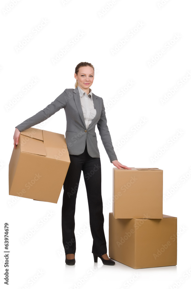 Woman businesswoman with boxes on white Woman businesswoman with boxes on white