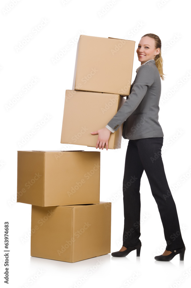 Woman businesswoman with boxes on white Woman businesswoman with boxes on white