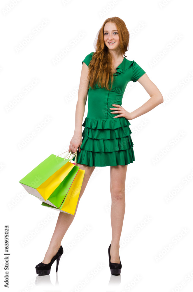 Woman after shopping isolated on white