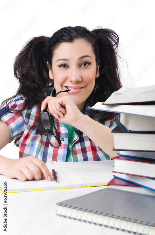 Tired student with textbooks on white Tired student with textbooks on white