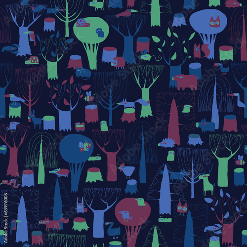 Wood Animals tapestry seamless pattern in dark colors