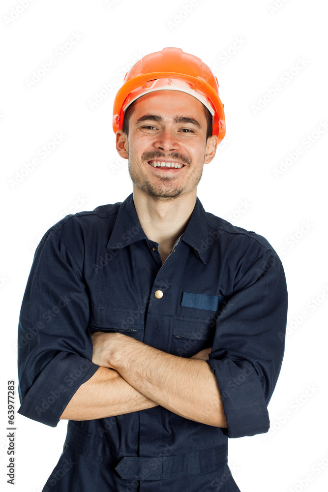 Funny worker in helmet with emotion on her face Funny worker in helmet with emotion on her face