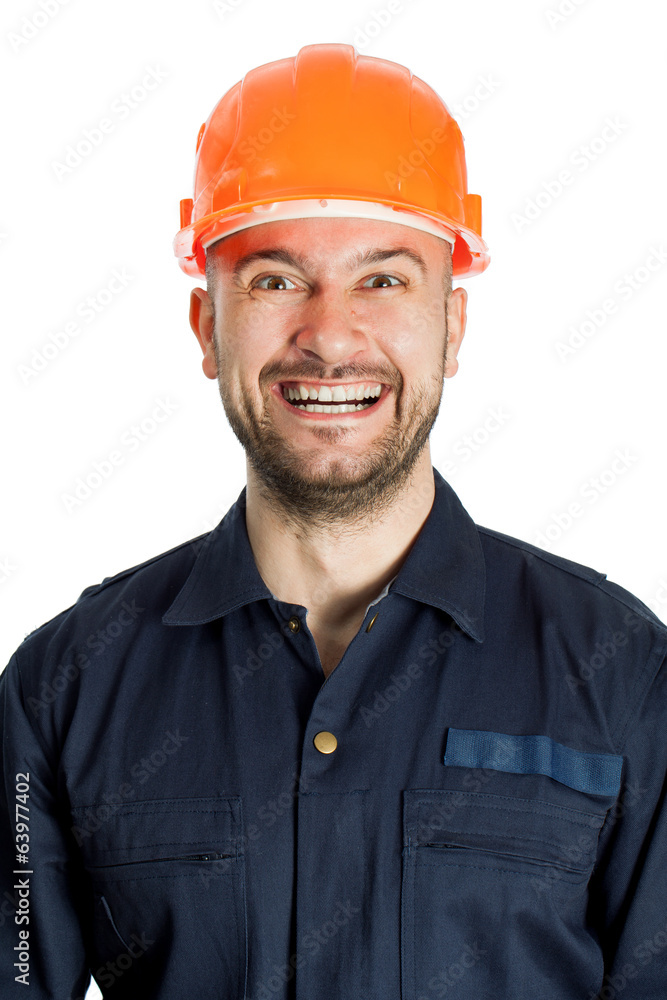 Funny worker in helmet with emotion on her face Funny worker in helmet with emotion on her face