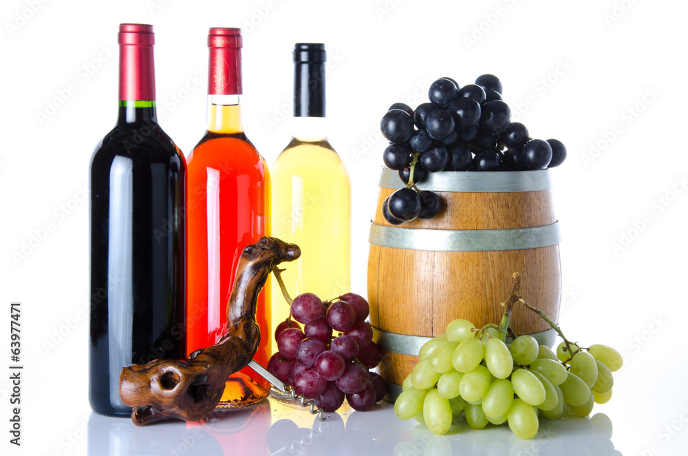 Composition of bottles of wine, grapes, a cask and corkscrew