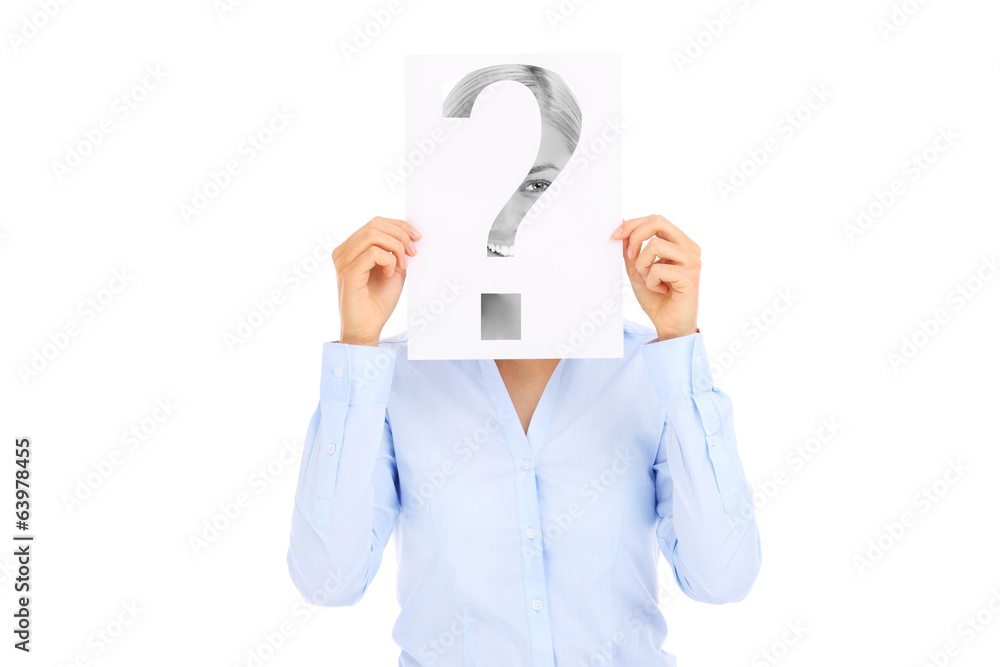 Businesswoman holding paper with question mark Businesswoman holding paper with question mark