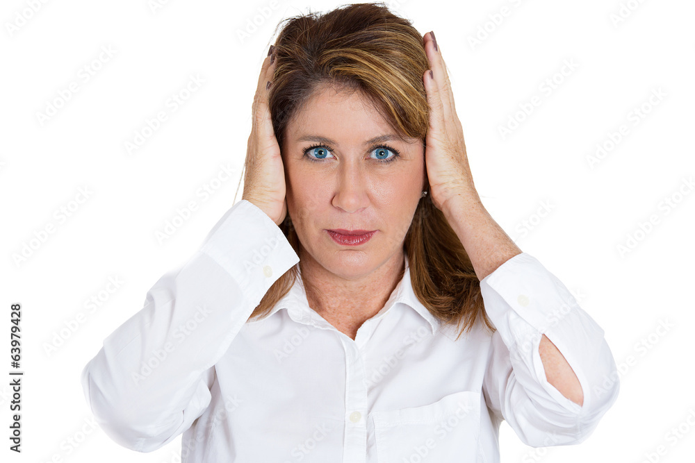 Headshot covering her ears isolated on white. Hear no evil Headshot covering her ears isolated on white. Hear no evil