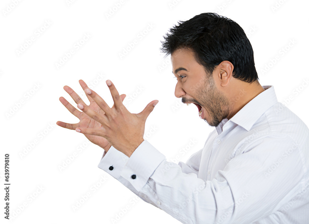 Side view portrait Yelling, man hands in air on white background Side view portrait Yelling, man hands in air on white background