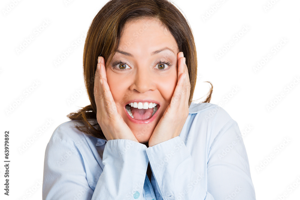 Happy surprise. Woman in disbelief, unexpected life event Happy surprise. Woman in disbelief, unexpected life event