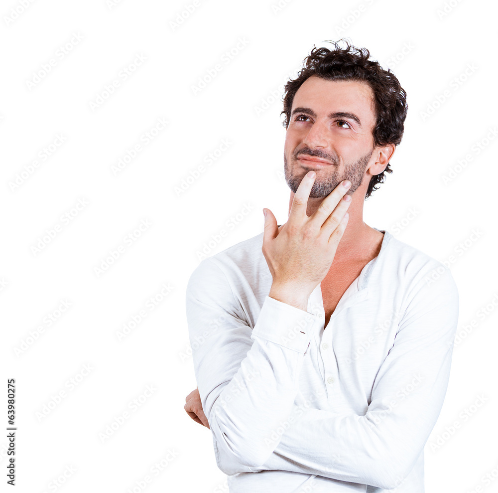 Portrait happy daydreaming man on white background Portrait happy daydreaming man on white background