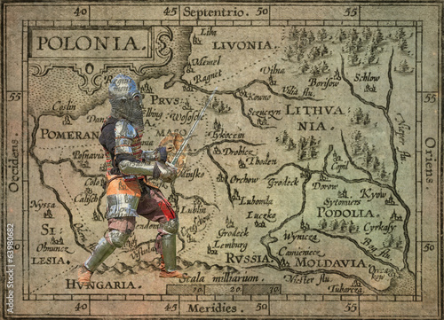 Armored knight with sword and shield - retro postcard