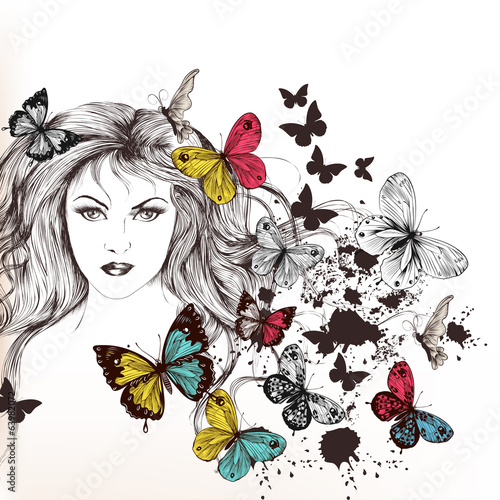 Fashion vector background with pretty girl and butterflies