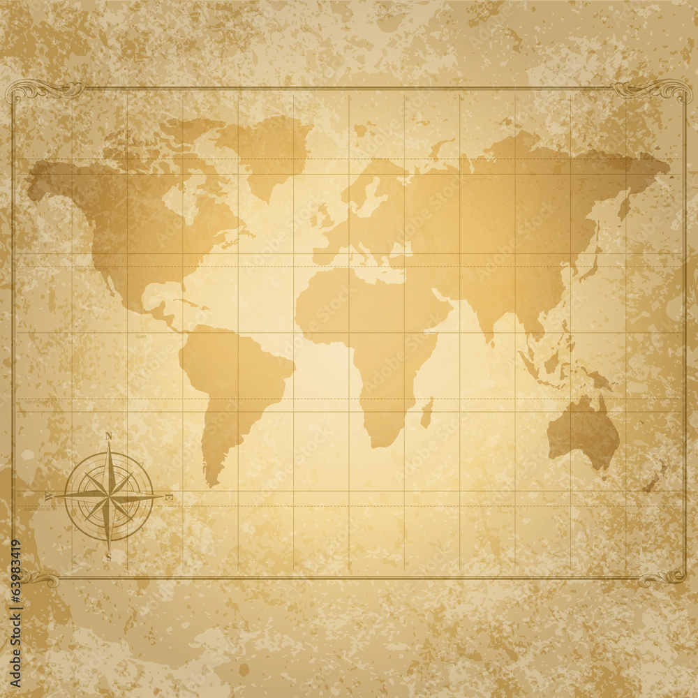 vintage vector world map with compass