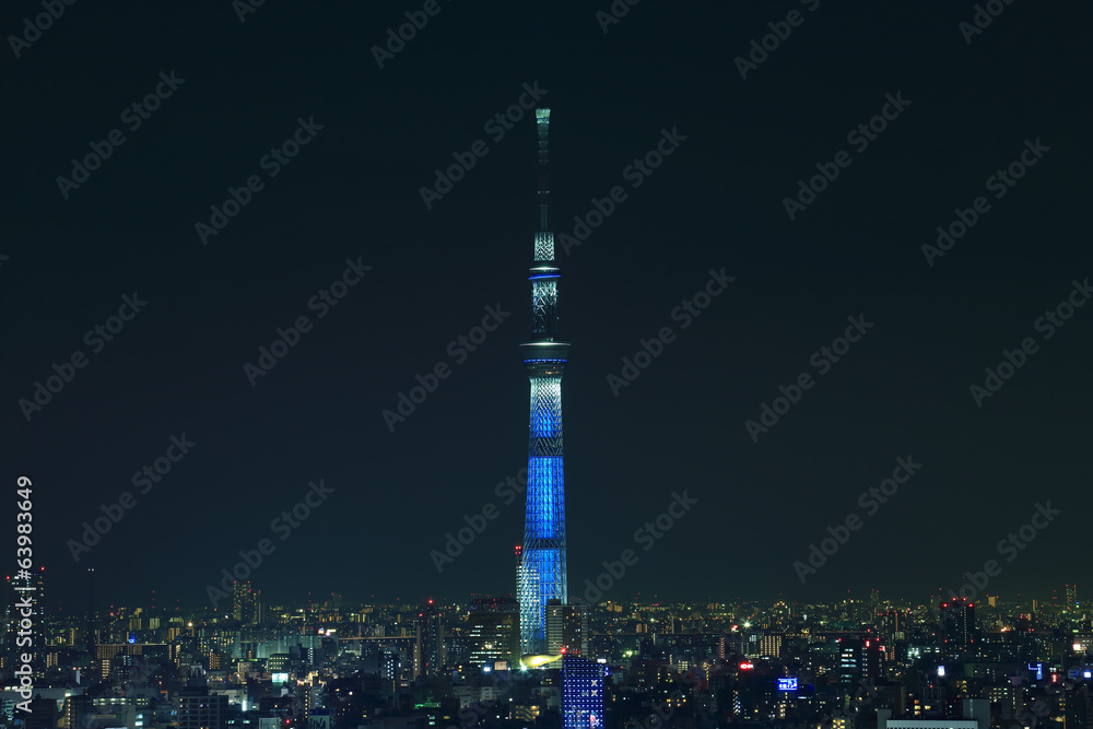 Fototapeta premium ブルーにライトアップされた東京スカイツリー