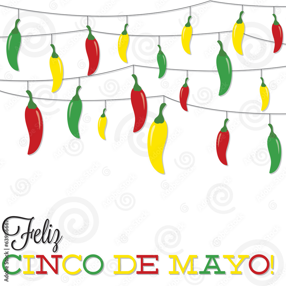 'Feliz Cinco de Mayo' (Happy 5th of May) strings of peppers in v
