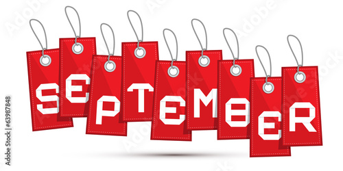September Red Discount Sale Paper Label, Tag With Strings