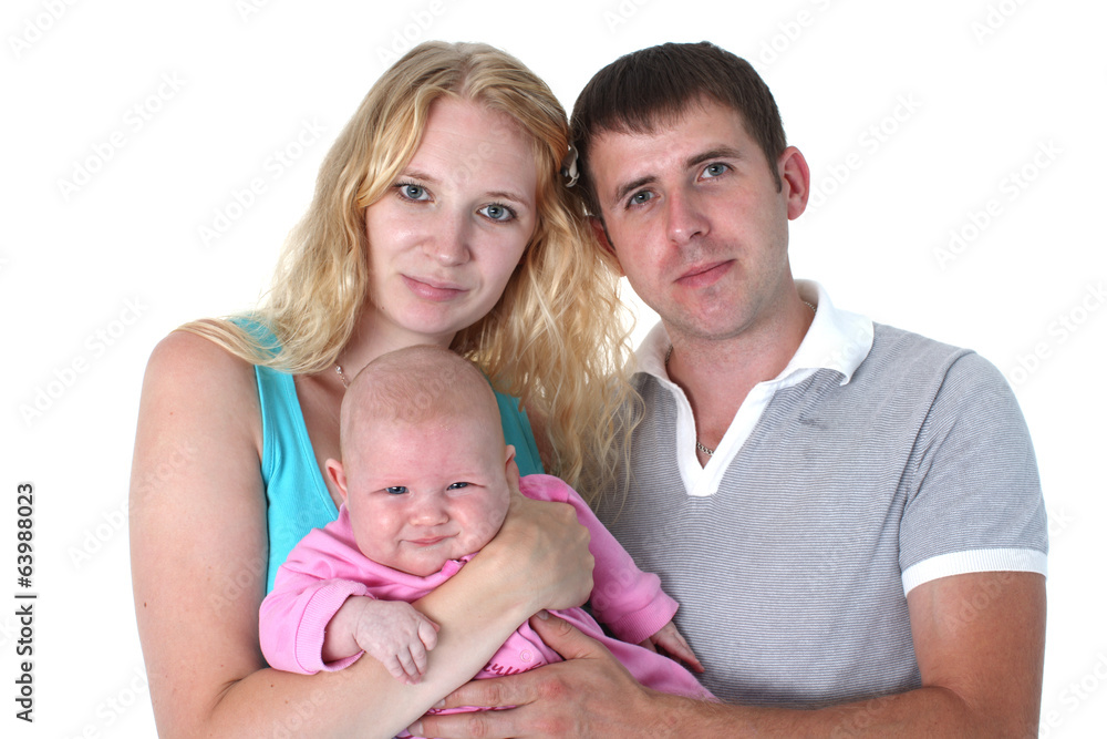 happy family with adorable little baby 3 month old isolated on w happy family with adorable little baby 3 month old isolated on w