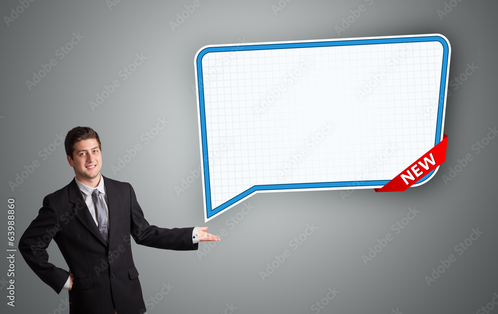 young man presenting modern speech bubble copy space young man presenting modern speech bubble copy space