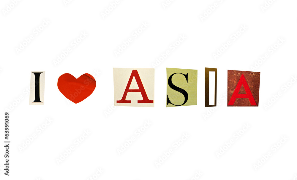 I Love Asia formed with magazine letters on a white background I Love Asia formed with magazine letters on a white background