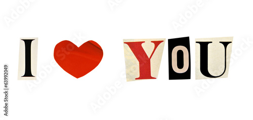 I Love You formed with magazine letters on a white background