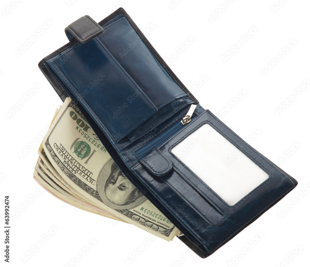Open blue leather wallet with money Open blue leather wallet with money