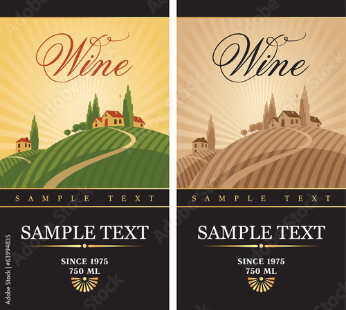 wine labels with a landscape of vineyards