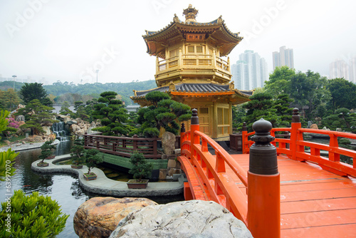 Photography The Golden pavilion and red bridge in Nan Lian Garden, Hong Kong