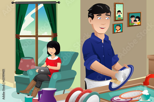 Husband washing dishes