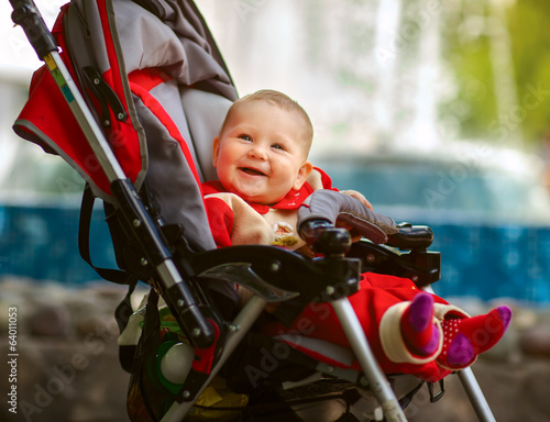 Smiling baby in sitting stroller on nature photo