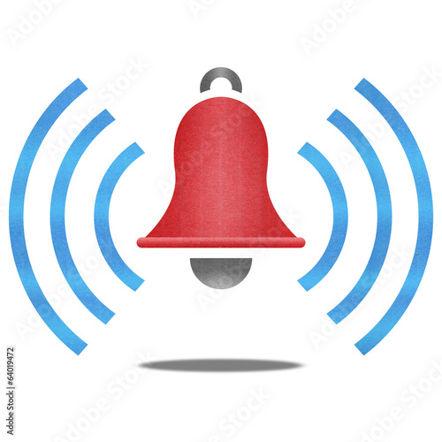 paper cut of red alarm bell with blue signal is alert symbol ico