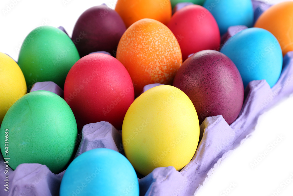 Colorful Easter eggs in tray close up Colorful Easter eggs in tray close up