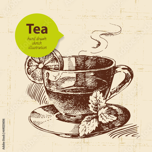 Tea vintage background. Hand drawn sketch illustration