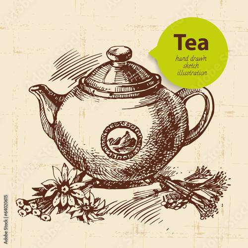Tea vintage background. Hand drawn sketch illustration.