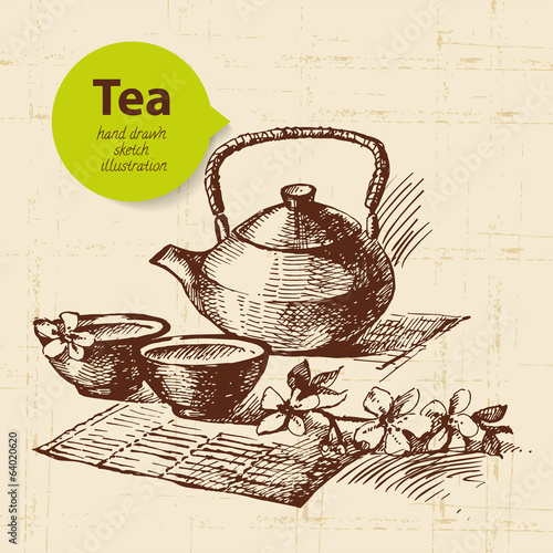 Tea vintage background. Hand drawn sketch illustration.