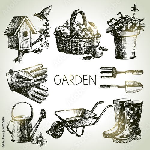 Sketch gardening set. Hand drawn design elements