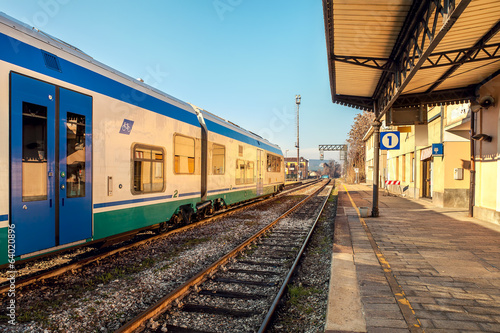 Train on empty station in Alba, Italy.
