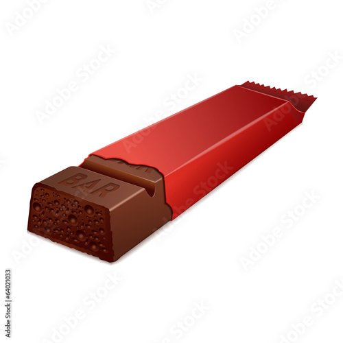 Beautiful detailed porous chocolate bar in red glossy wrap.