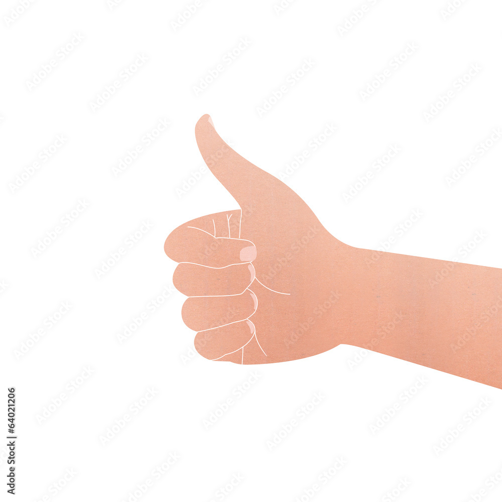 paper cut of isolated hand with thumb symbol is like on white ba